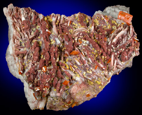 Wulfenite on Barite with Vanadinite and Mimetite from Rowley Mine, 20 km northwest of Theba, Painted Rock Mountains, Maricopa County, Arizona