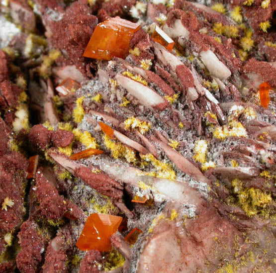 Wulfenite on Barite with Vanadinite and Mimetite from Rowley Mine, 20 km northwest of Theba, Painted Rock Mountains, Maricopa County, Arizona