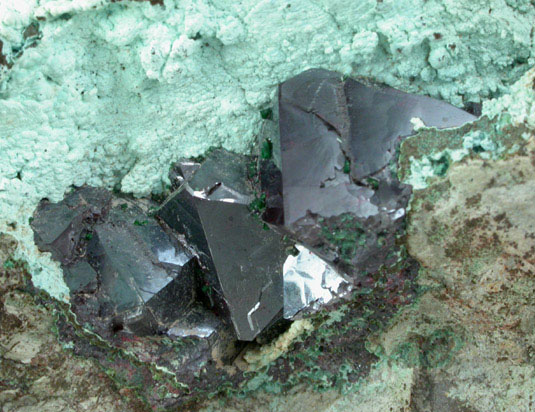 Cuprite and Malachite on Chrysocolla from Musonoi Mine, Kolwezi District, Katanga Copperbelt, Lualaba Province, Democratic Republic of the Congo