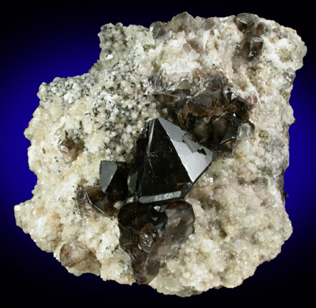 Quartz var. Smoky on Calcite with Hematite from McDowells' Quarry, Upper Montclair, Essex County, New Jersey