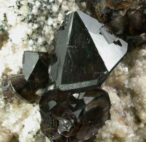 Quartz var. Smoky on Calcite with Hematite from McDowells' Quarry, Upper Montclair, Essex County, New Jersey