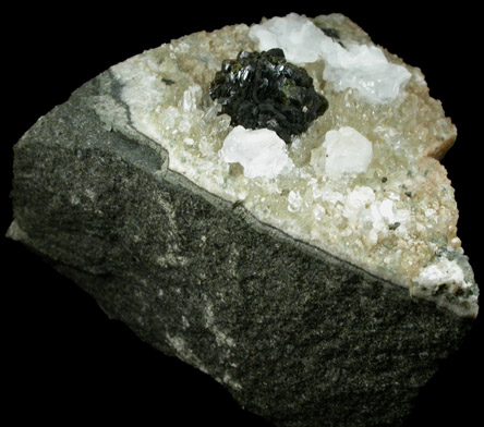 Babingtonite on Quartz with Calcite from Millington Quarry, Bernards Township, Somerset County, New Jersey