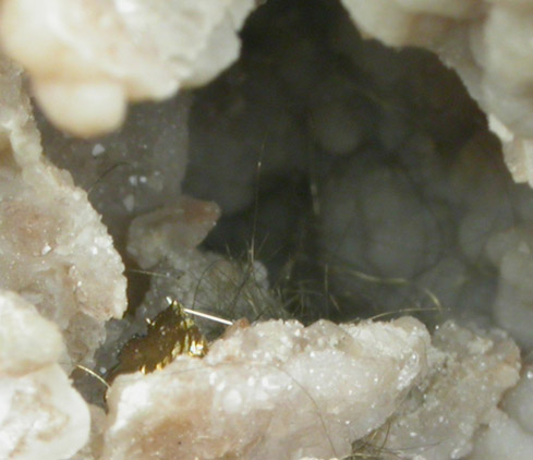 Millerite in Quartz Geode with Chalcopyrite from US Route 27 road cut, Halls Gap, Lincoln County, Kentucky