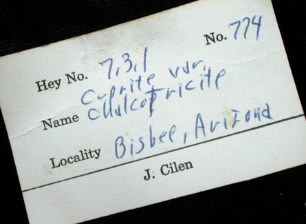 Cuprite var. Chalcotrichite from Bisbee, Warren District, Cochise County, Arizona