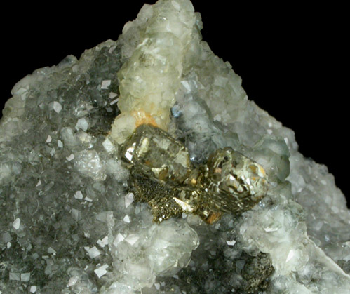 Apophyllite with Pyrite and Quartz pseudomorph after Calcite from Millington Quarry, Bernards Township, Somerset County, New Jersey