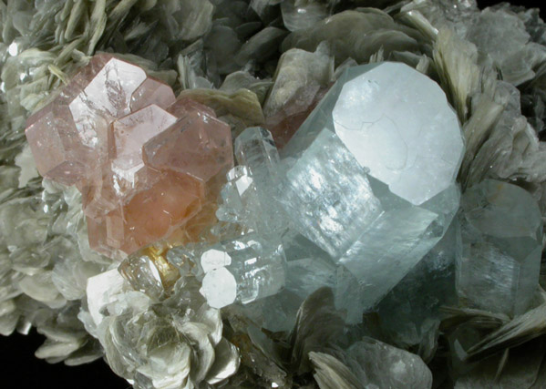 Beryl var. Aquamarine with Fluorapatite on Muscovite from Nagar, Hunza Valley, Gilgit District, Gilgit-Baltistan, Pakistan