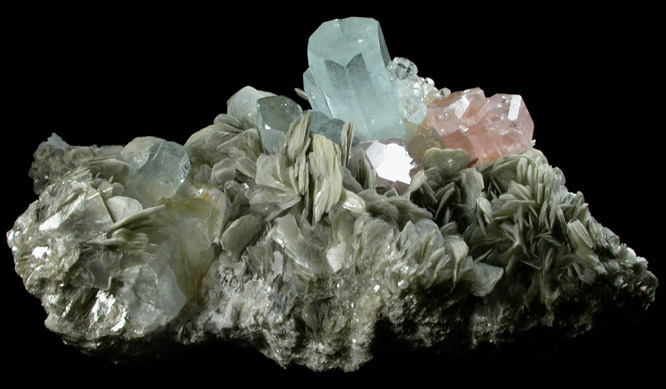 Beryl var. Aquamarine with Fluorapatite on Muscovite from Nagar, Hunza Valley, Gilgit District, Gilgit-Baltistan, Pakistan