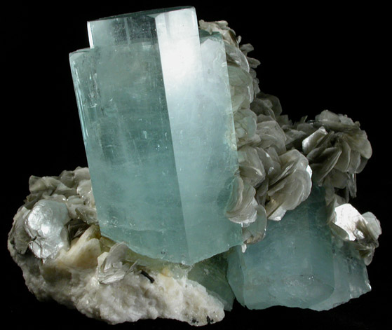 Beryl var. Aquamarine on Albite with Muscovite from Nagar, Hunza Valley, Gilgit District, Gilgit-Baltistan, Pakistan