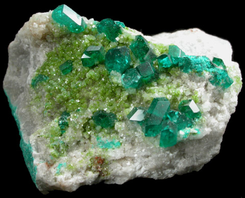 Dioptase and Duftite on Calcite from Tsumeb Mine, Otavi-Bergland District, Oshikoto, Namibia (Type Locality for Duftite)