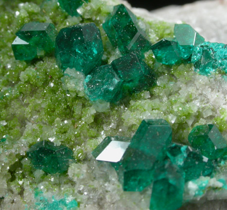 Dioptase and Duftite on Calcite from Tsumeb Mine, Otavi-Bergland District, Oshikoto, Namibia (Type Locality for Duftite)