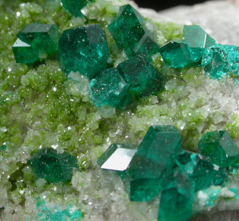 Dioptase and Duftite on Calcite from Tsumeb Mine, Otavi-Bergland District, Oshikoto, Namibia (Type Locality for Duftite)