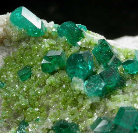 Dioptase and Duftite on Calcite from Tsumeb Mine, Otavi-Bergland District, Oshikoto, Namibia (Type Locality for Duftite)