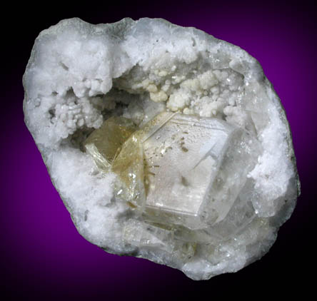 Celestine with Pyrite inclusions in Quartz geode from Lehigh Portland Cement Co. Quarry, Mitchell, Lawrence County, Indiana