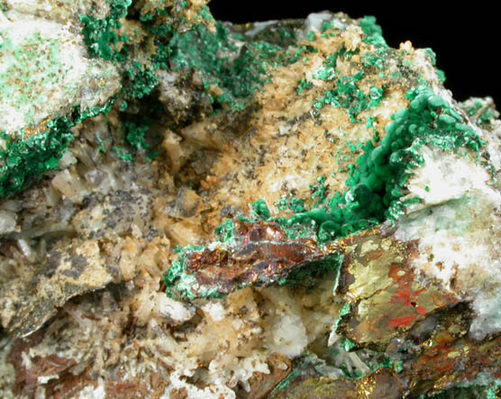 Malachite, Chalcopyrite, Quartz from Ondrick Quarry, Granby, Hampshire County, Massachusetts