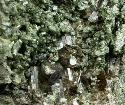 Diopside on Vesuvianite from Goodall Farm Quarry, Sanford, York County, Maine