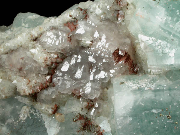 Fluorite, Pyrite, Quartz on Calcite from Pasto Bueno District, Pallasca Province, Ancash Department, Peru