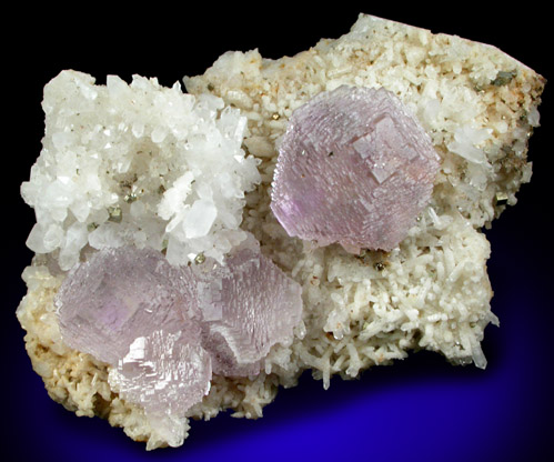 Fluorite on Quartz with Pyrite from Shangbao Mine, Leiyang, Hunan, China