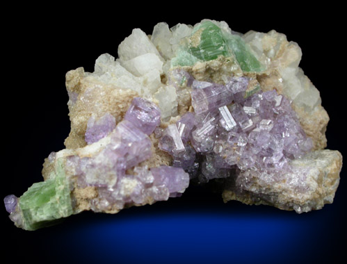 Fluorapatite with Elbaite on Albite var. Cleavelandite from Keith Quarry, Mount Apatite, Auburn, Androscoggin County, Maine