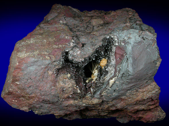 Millerite on Hematite with Dolomite from Sterling Mine, Antwerp, Jefferson County, New York
