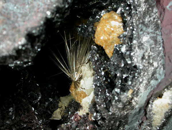 Millerite on Hematite with Dolomite from Sterling Mine, Antwerp, Jefferson County, New York