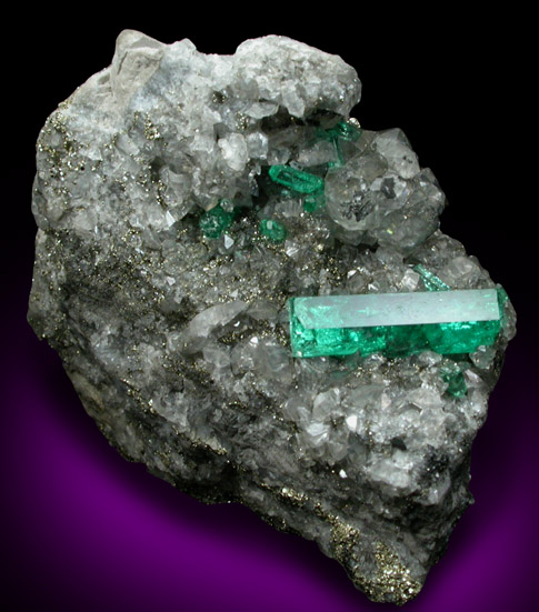 Beryl var. Emerald in Calcite with Pyrite from La Pita Mine, Vasquez-Yacop District, Boyaca, Colombia