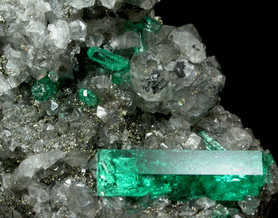 Beryl var. Emerald in Calcite with Pyrite from La Pita Mine, Vasquez-Yacop District, Boyaca, Colombia