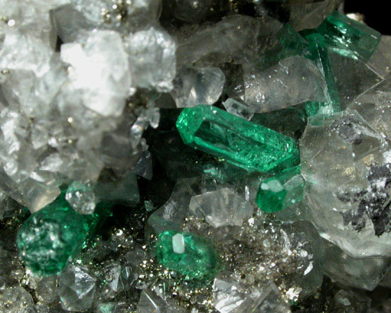 Beryl var. Emerald in Calcite with Pyrite from La Pita Mine, Vasquez-Yacop District, Boyaca, Colombia