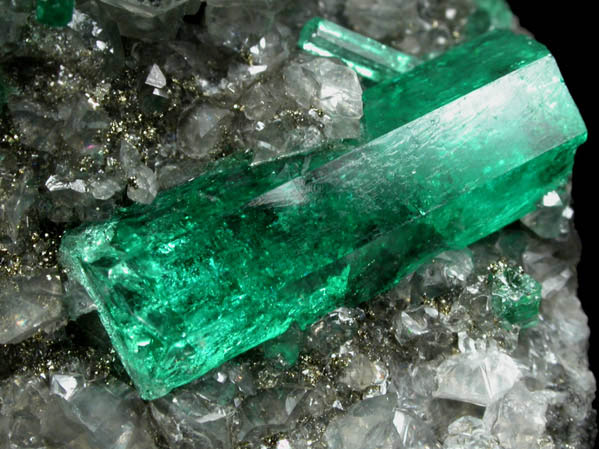 Beryl var. Emerald in Calcite with Pyrite from La Pita Mine, Vasquez-Yacop District, Boyaca, Colombia