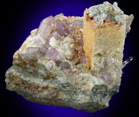 Quartz var. Amethyst on Calcite with Aragonite from Capurru Quarry, Osilo, Sassari Province, Sardinia, Italy