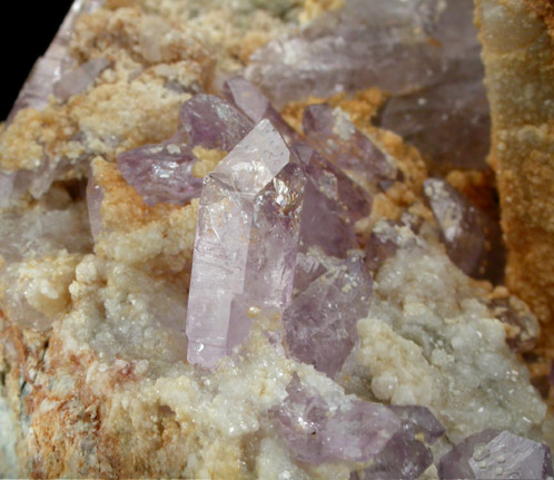 Quartz var. Amethyst on Calcite with Aragonite from Capurru Quarry, Osilo, Sassari Province, Sardinia, Italy