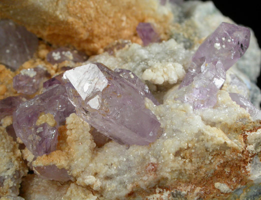 Quartz var. Amethyst on Calcite with Aragonite from Capurru Quarry, Osilo, Sassari Province, Sardinia, Italy