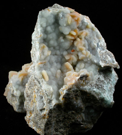 Wulfenite coated with drusy Quartz on Hemimorphite with Descloizite from Finch Mine (Barking Spider Mine), north of Hayden, Banner District, Gila County, Arizona