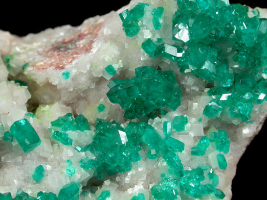 Dioptase on Calcite with Duftite from Tsumeb Mine, Otavi-Bergland District, Oshikoto, Namibia (Type Locality for Duftite)