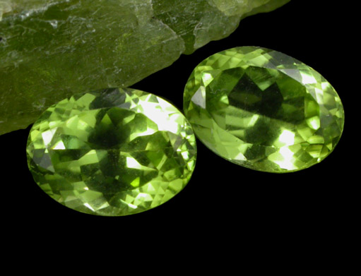 Forsterite var. Peridot (rough with two gemstones 1.5 carats each) from Peridot Mesa, San Carlos Indian Reservation, Gila County, Arizona