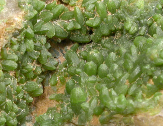 Pyromorphite on Quartz from Wheatley Mine, Phoenixville, Chester County, Pennsylvania