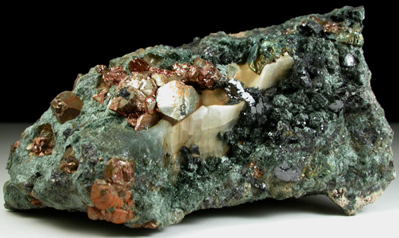 Pyrite and Magnetite in Calcite with Actinolite var. Byssolite from French Creek Iron Mines, St. Peters, Chester County, Pennsylvania