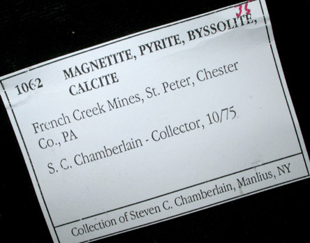 Pyrite and Magnetite in Calcite with Actinolite var. Byssolite from French Creek Iron Mines, St. Peters, Chester County, Pennsylvania