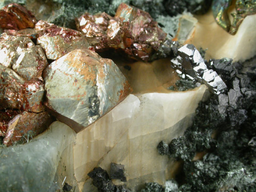 Pyrite and Magnetite in Calcite with Actinolite var. Byssolite from French Creek Iron Mines, St. Peters, Chester County, Pennsylvania