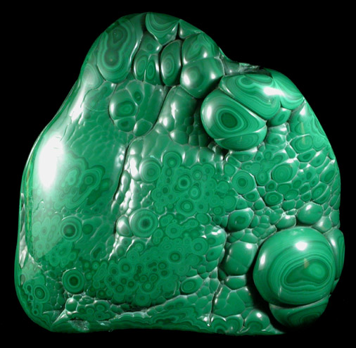 Malachite (polished) from Kolwezi Mining District, 240 km WNW of  Lubumbashi, Katanga Copperbelt, Lualaba Province, Democratic Republic of the Congo