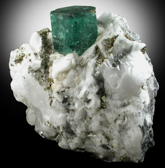 Beryl var. Emerald on Calcite with Pyrite from Muzo Mine, Vasquez-Yacop District, Boyac Department, Colombia