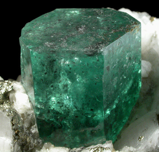 Beryl var. Emerald on Calcite with Pyrite from Muzo Mine, Vasquez-Yacop District, Boyac Department, Colombia