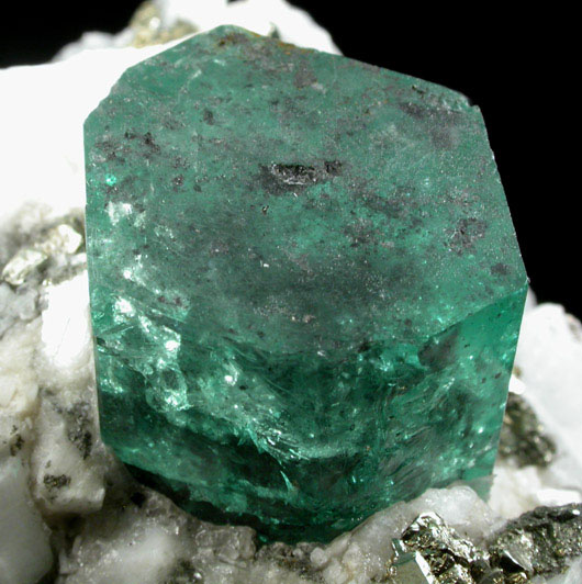 Beryl var. Emerald on Calcite with Pyrite from Muzo Mine, Vasquez-Yacop District, Boyac Department, Colombia