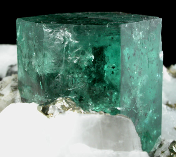 Beryl var. Emerald on Calcite with Pyrite from Muzo Mine, Vasquez-Yacop District, Boyac Department, Colombia