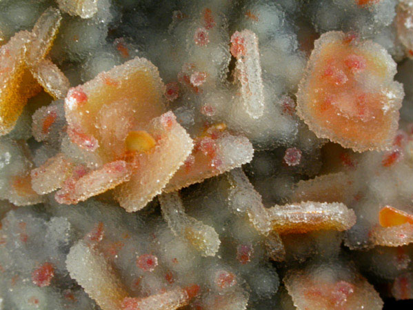 Wulfenite and Vanadinite coated with drusy Quartz on Hemimorphite from Finch Mine (Barking Spider Mine), north of Hayden, Banner District, Gila County, Arizona