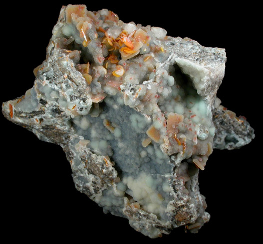 Wulfenite and Vanadinite coated with drusy Quartz on Hemimorphite from Finch Mine (Barking Spider Mine), north of Hayden, Banner District, Gila County, Arizona