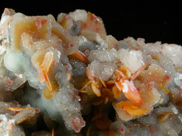 Wulfenite and Vanadinite coated with drusy Quartz on Hemimorphite from Finch Mine (Barking Spider Mine), north of Hayden, Banner District, Gila County, Arizona