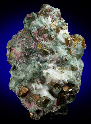Erythrite on Pyrite in Calcite from French Creek Iron Mines, St. Peters, Chester County, Pennsylvania