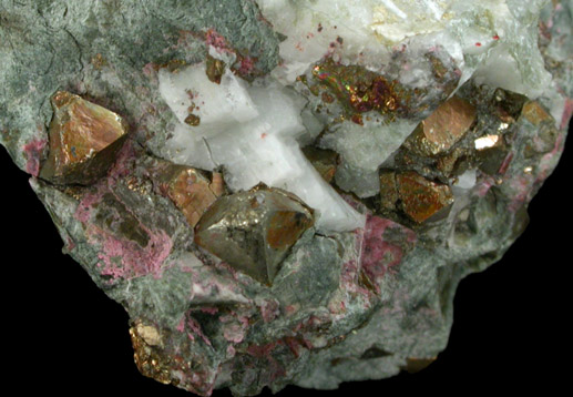 Erythrite on Pyrite in Calcite from French Creek Iron Mines, St. Peters, Chester County, Pennsylvania