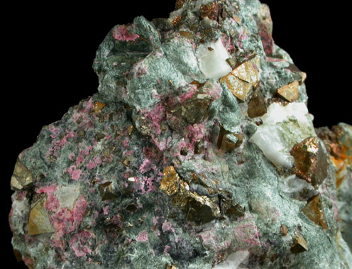 Erythrite on Pyrite in Calcite from French Creek Iron Mines, St. Peters, Chester County, Pennsylvania