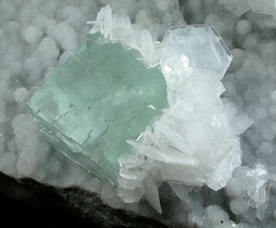 Calcite on Fluorite with Quartz from Xianghualing Cassiterite Mine, 32 km north of Linwu, Hunan Province, China